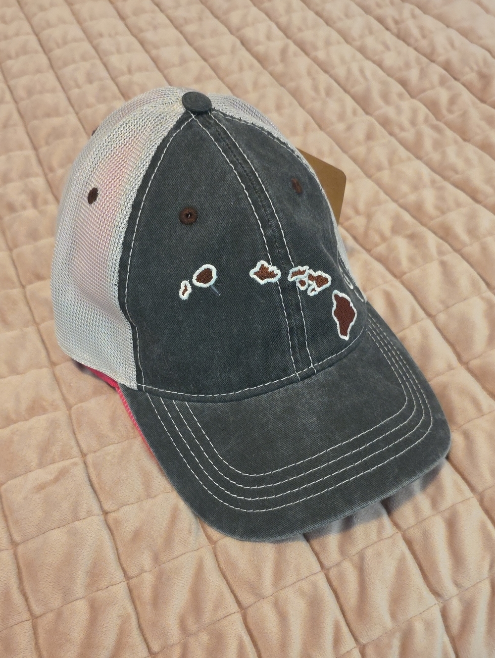 Washed Black Mesh-Back Baseball Cap with Hawaiian Map Embroidery